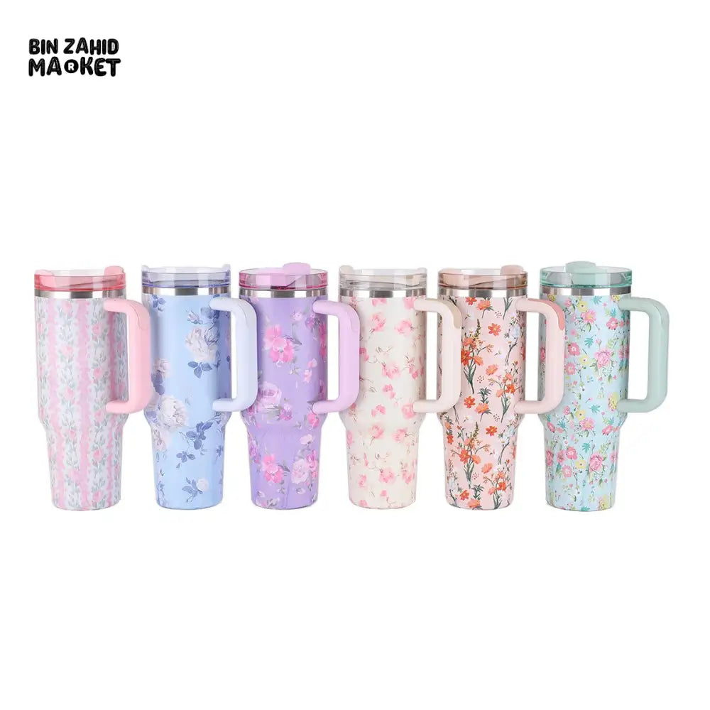 FLORAL LARGE CAPACITY TRAVEL TUMBLER 40 OZ– VACUUM INSULATED 304 STAINLESS STEEL WATER BOTTLE PORTABLE ICE KING CAR CUP FOR HOT & COLD BEVERAGES - BLUE