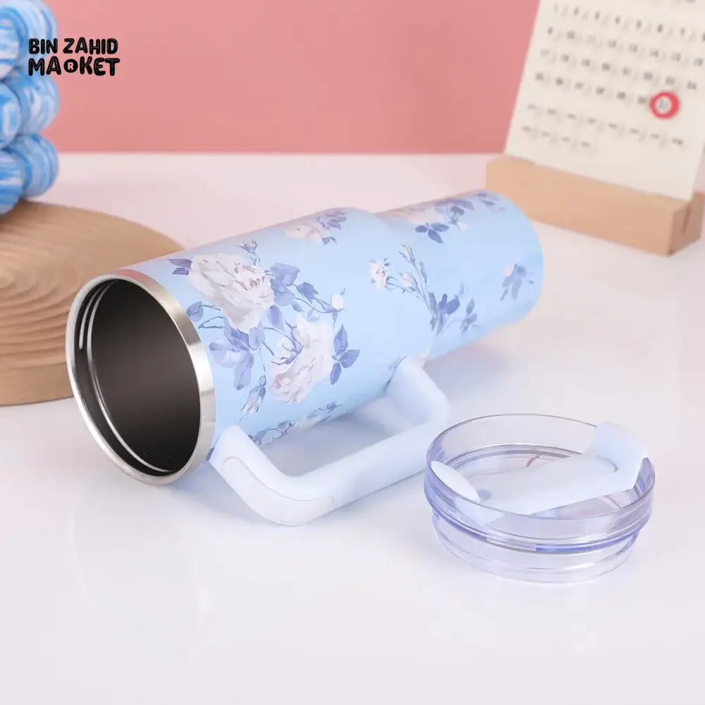 FLORAL LARGE CAPACITY TRAVEL TUMBLER 40 OZ– VACUUM INSULATED 304 STAINLESS STEEL WATER BOTTLE PORTABLE ICE KING CAR CUP FOR HOT & COLD BEVERAGES - WHITE