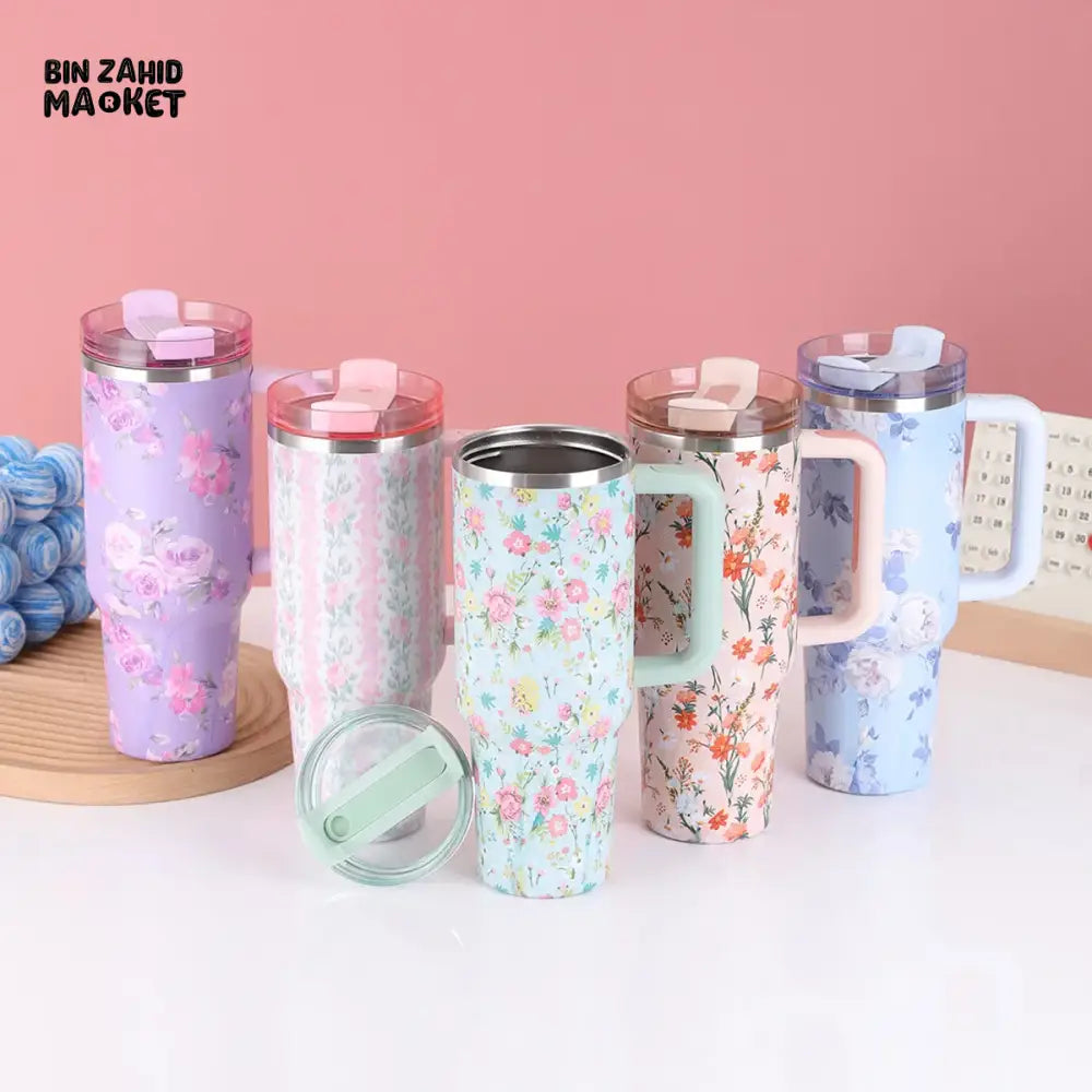 FLORAL LARGE CAPACITY TRAVEL TUMBLER 40 OZ– VACUUM INSULATED 304 STAINLESS STEEL WATER BOTTLE PORTABLE ICE KING CAR CUP FOR HOT & COLD BEVERAGES - WHITE