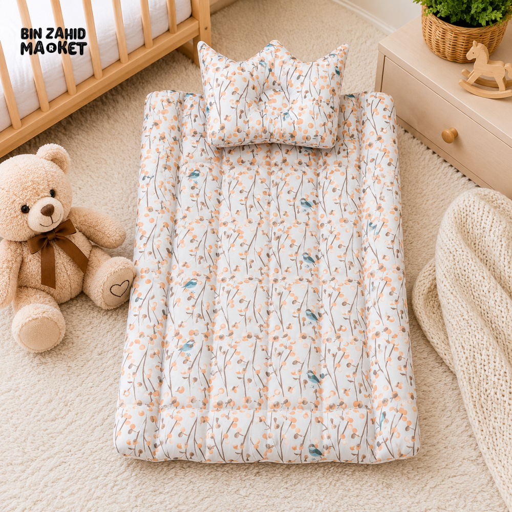 FLORAL PRINT COTTON POLYESTER BABY BEDDING SET WITH CROWN PILLOW