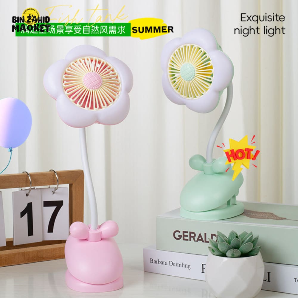 FLOWER CLIP ON MINI FAN WITH NIGHT LIGHT – USB RECHARGEABLE DESK FAN FOR STUDENTS OFFICE & SUMMER USE