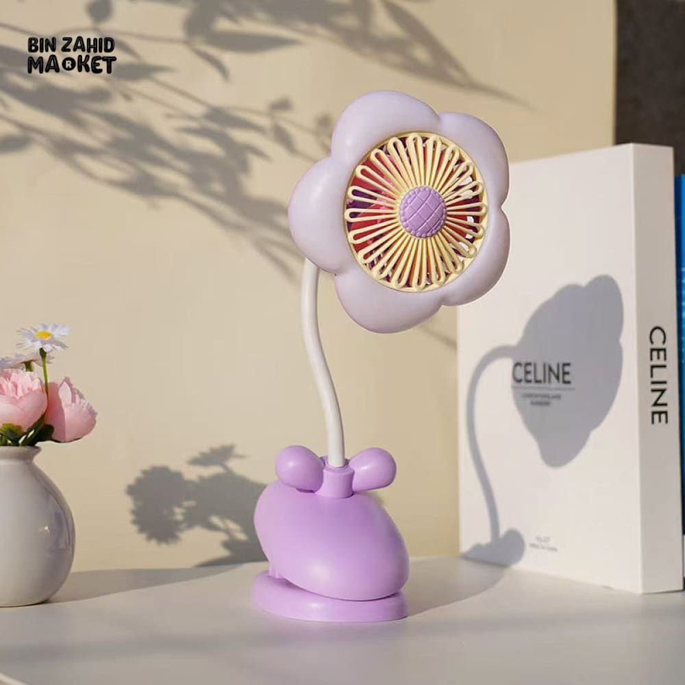 FLOWER CLIP ON MINI FAN WITH NIGHT LIGHT – USB RECHARGEABLE DESK FAN FOR STUDENTS OFFICE & SUMMER USE