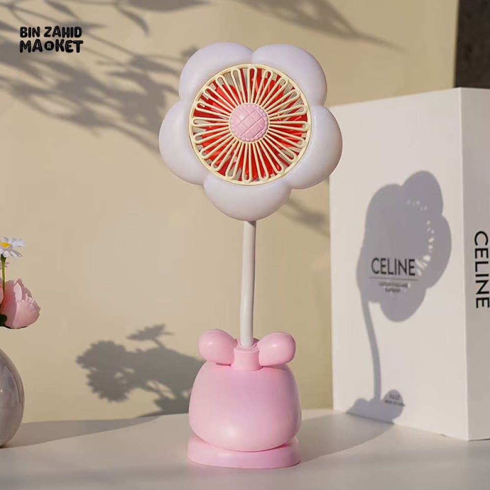 FLOWER CLIP ON MINI FAN WITH NIGHT LIGHT – USB RECHARGEABLE DESK FAN FOR STUDENTS OFFICE & SUMMER USE