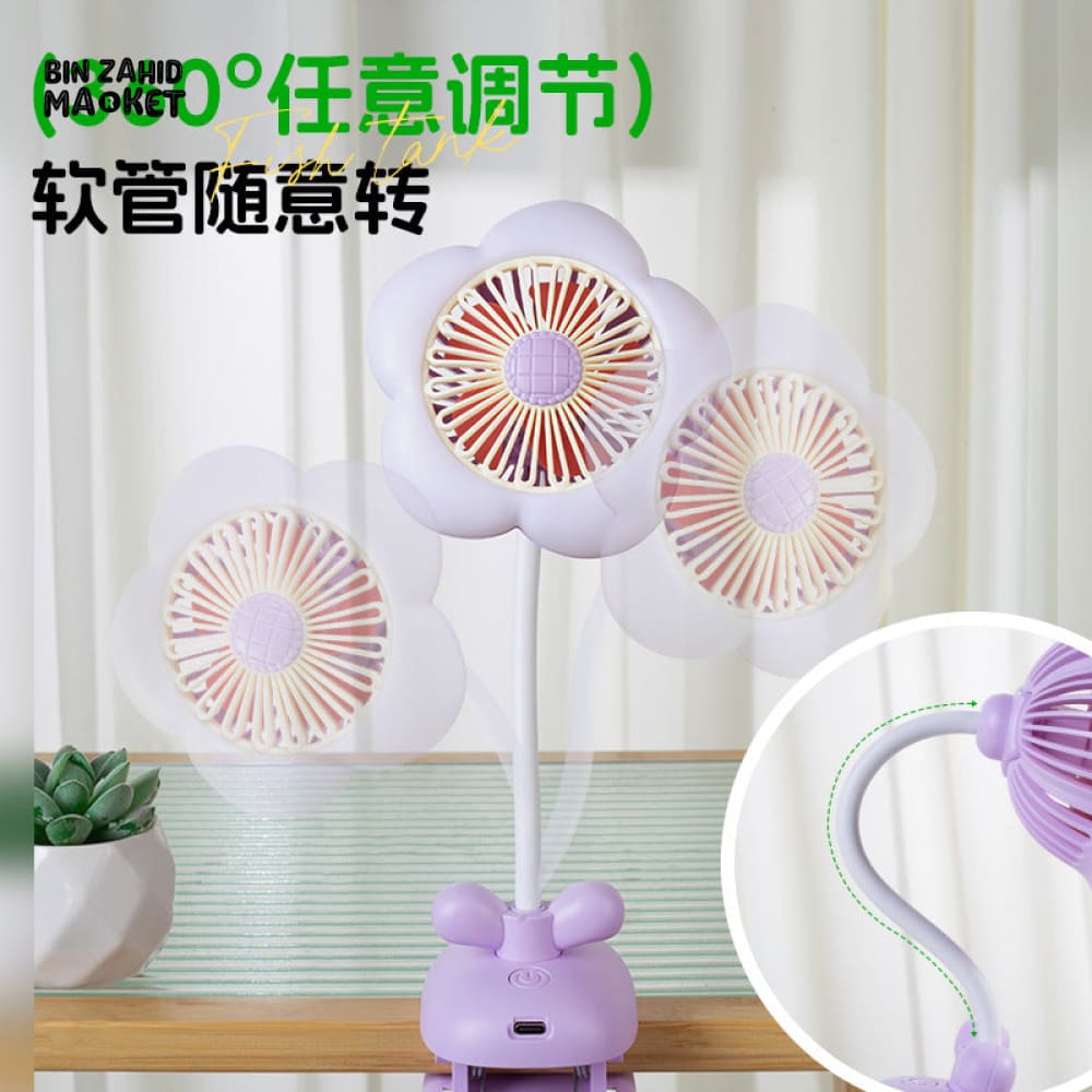 FLOWER CLIP ON MINI FAN WITH NIGHT LIGHT – USB RECHARGEABLE DESK FAN FOR STUDENTS OFFICE & SUMMER USE