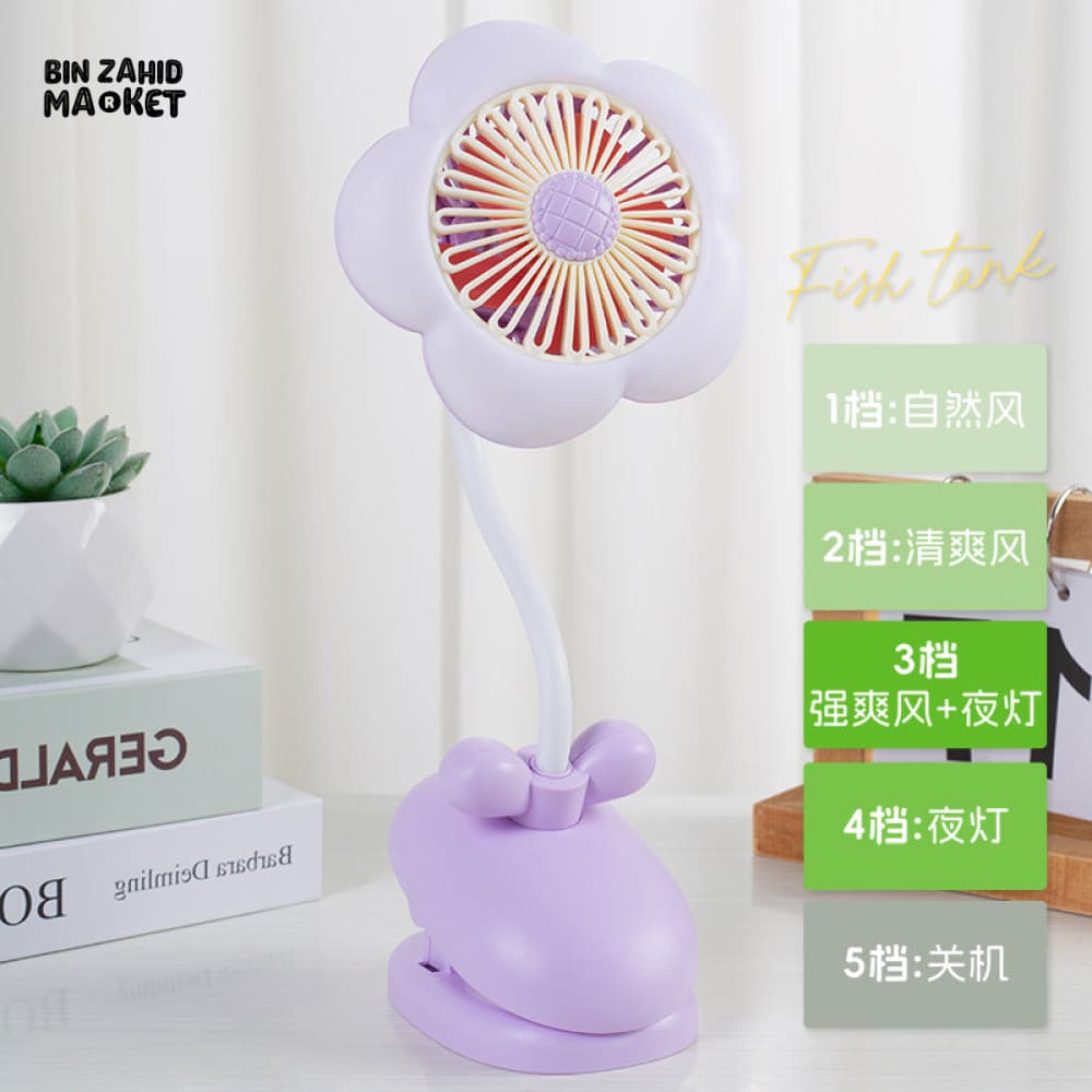 FLOWER CLIP ON MINI FAN WITH NIGHT LIGHT – USB RECHARGEABLE DESK FAN FOR STUDENTS OFFICE & SUMMER USE