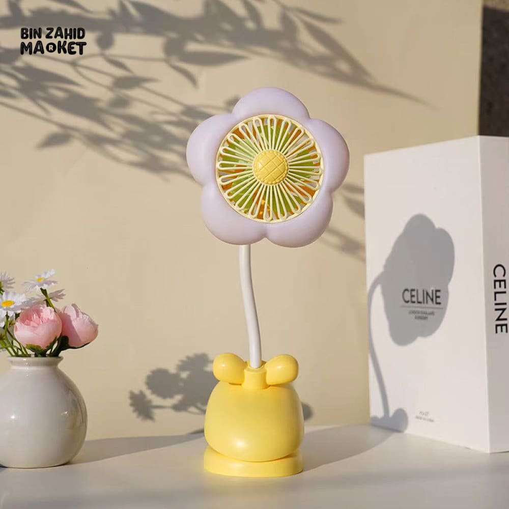 FLOWER CLIP ON MINI FAN WITH NIGHT LIGHT – USB RECHARGEABLE DESK FAN FOR STUDENTS OFFICE & SUMMER USE