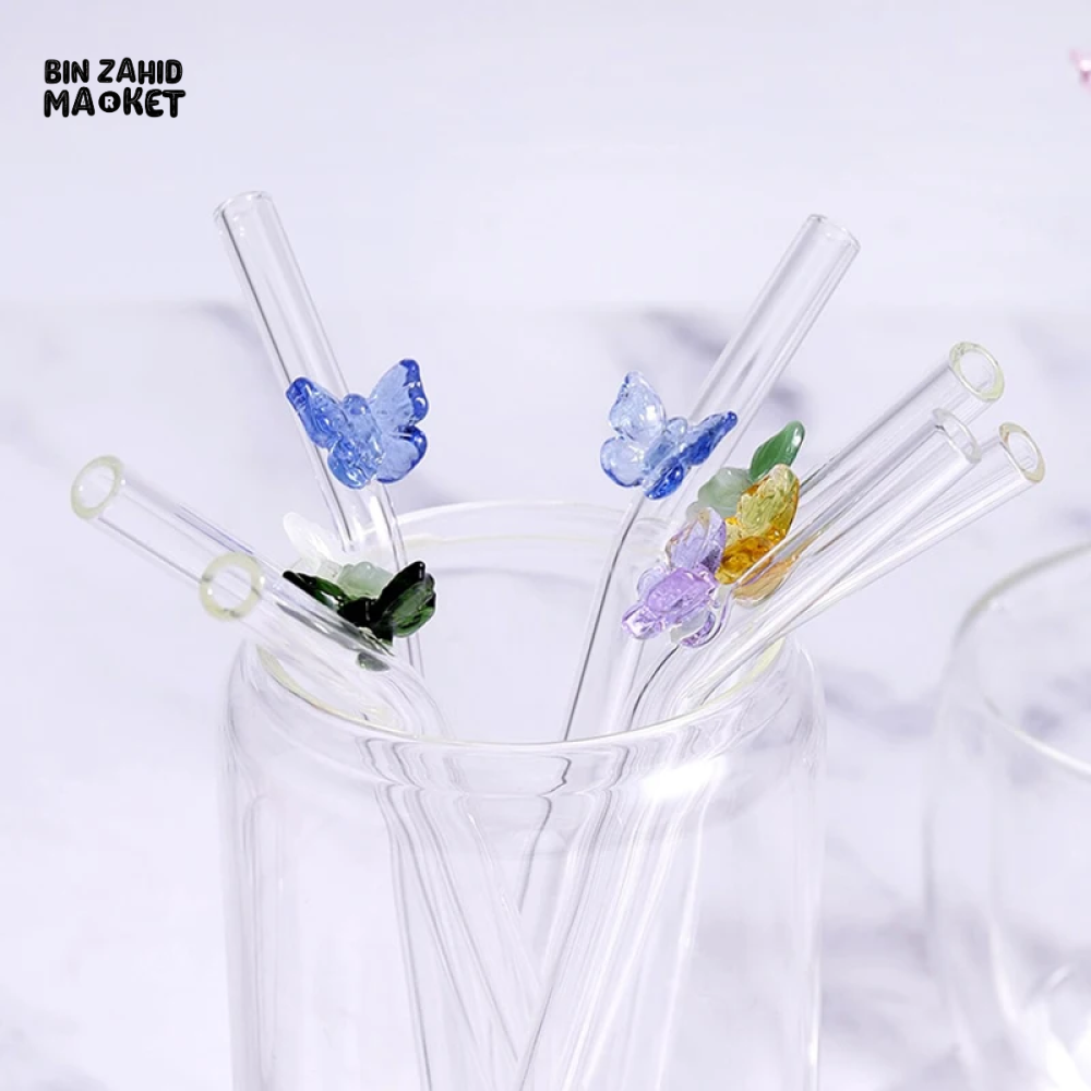 FLOWER GLASS STRAWS 4 PIECES REUSABLE TRANSPARENT STRAIGHT & BEND STRAWS FOR SMOOTHIES & COCKTAILS ECO-FRIENDLY DRINKING STRAW BAR TOOL