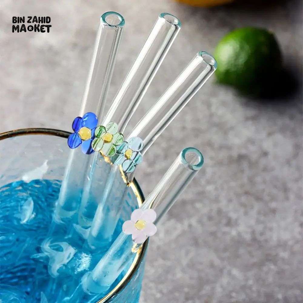 FLOWER GLASS STRAWS 4 PIECES REUSABLE TRANSPARENT STRAIGHT & BEND STRAWS FOR SMOOTHIES & COCKTAILS ECO-FRIENDLY DRINKING STRAW BAR TOOL