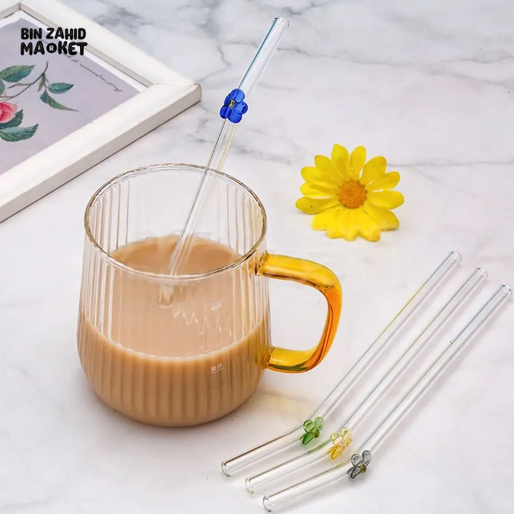 FLOWER GLASS STRAWS 4 PIECES REUSABLE TRANSPARENT STRAIGHT & BEND STRAWS FOR SMOOTHIES & COCKTAILS ECO-FRIENDLY DRINKING STRAW BAR TOOL