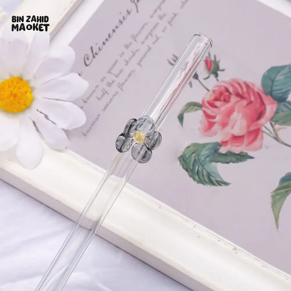 FLOWER GLASS STRAWS 4 PIECES REUSABLE TRANSPARENT STRAIGHT & BEND STRAWS FOR SMOOTHIES & COCKTAILS ECO-FRIENDLY DRINKING STRAW BAR TOOL