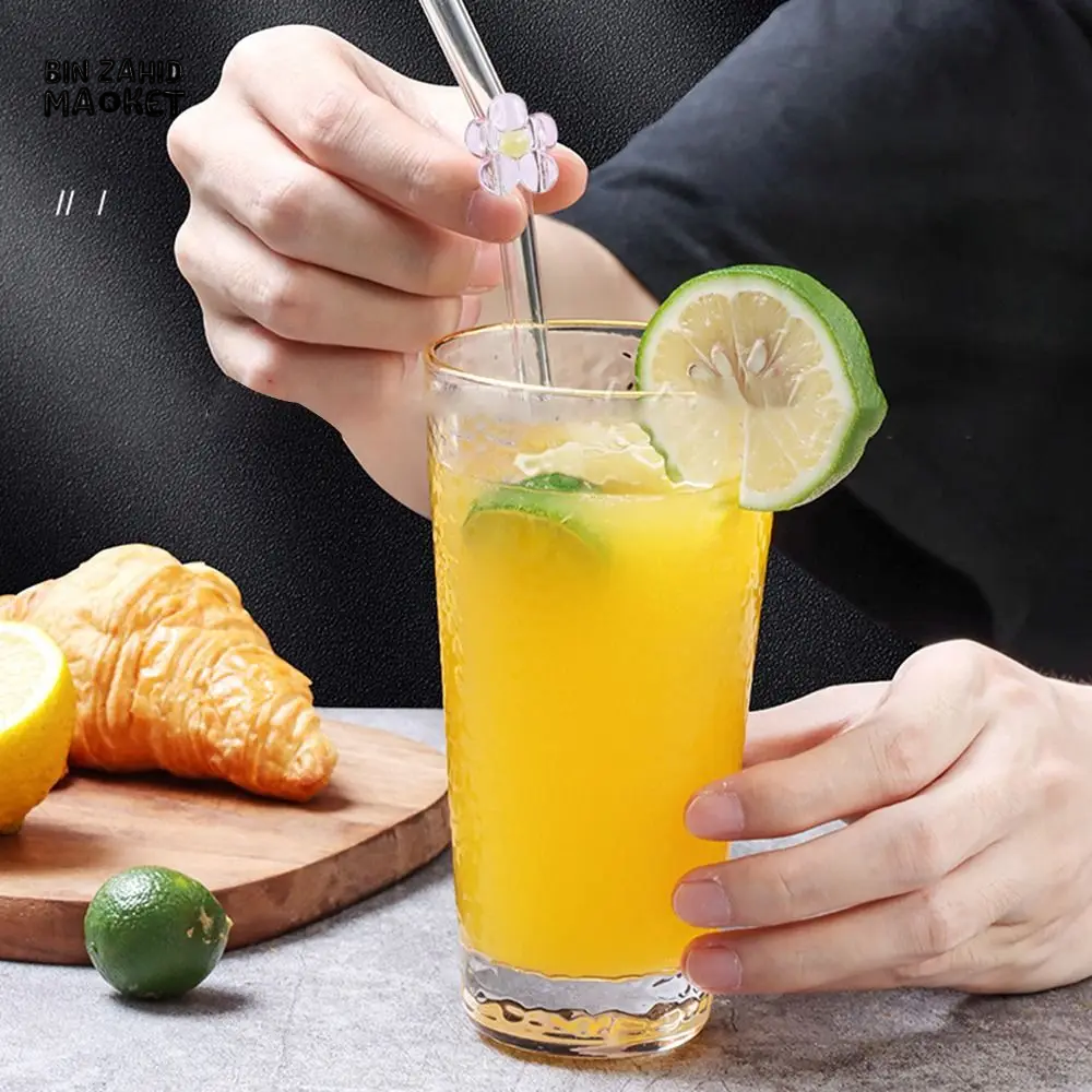 FLOWER GLASS STRAWS 4 PIECES REUSABLE TRANSPARENT STRAIGHT & BEND STRAWS FOR SMOOTHIES & COCKTAILS ECO-FRIENDLY DRINKING STRAW BAR TOOL