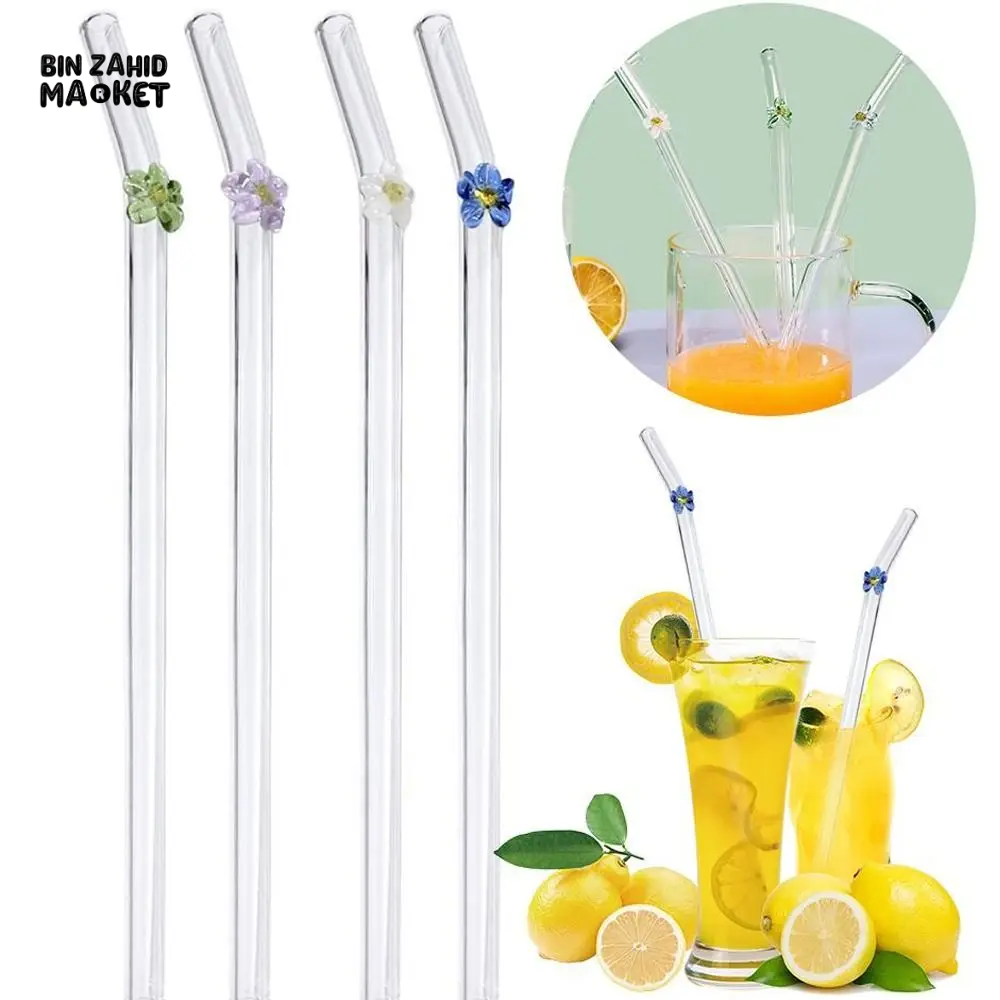 FLOWER GLASS STRAWS 4 PIECES REUSABLE TRANSPARENT STRAIGHT & BEND STRAWS FOR SMOOTHIES & COCKTAILS ECO-FRIENDLY DRINKING STRAW BAR TOOL