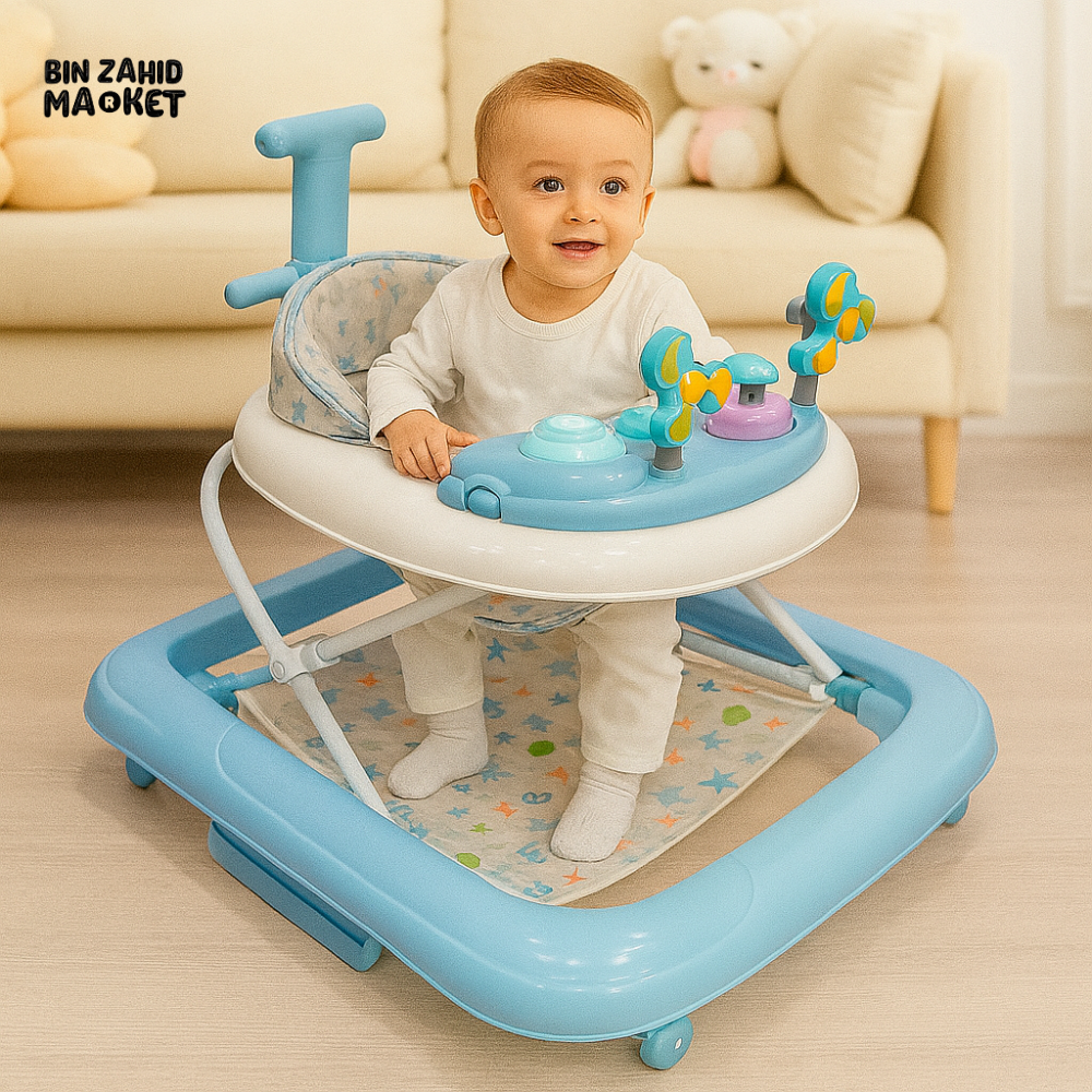 FOLDABLE BABY WALKER – ADJUSTABLE HEIGHT WITH TOYS, PUSH HANDLE & MUSICAL PLAY TRAY FOR EARLY LEARNING - LIGHT BLUE