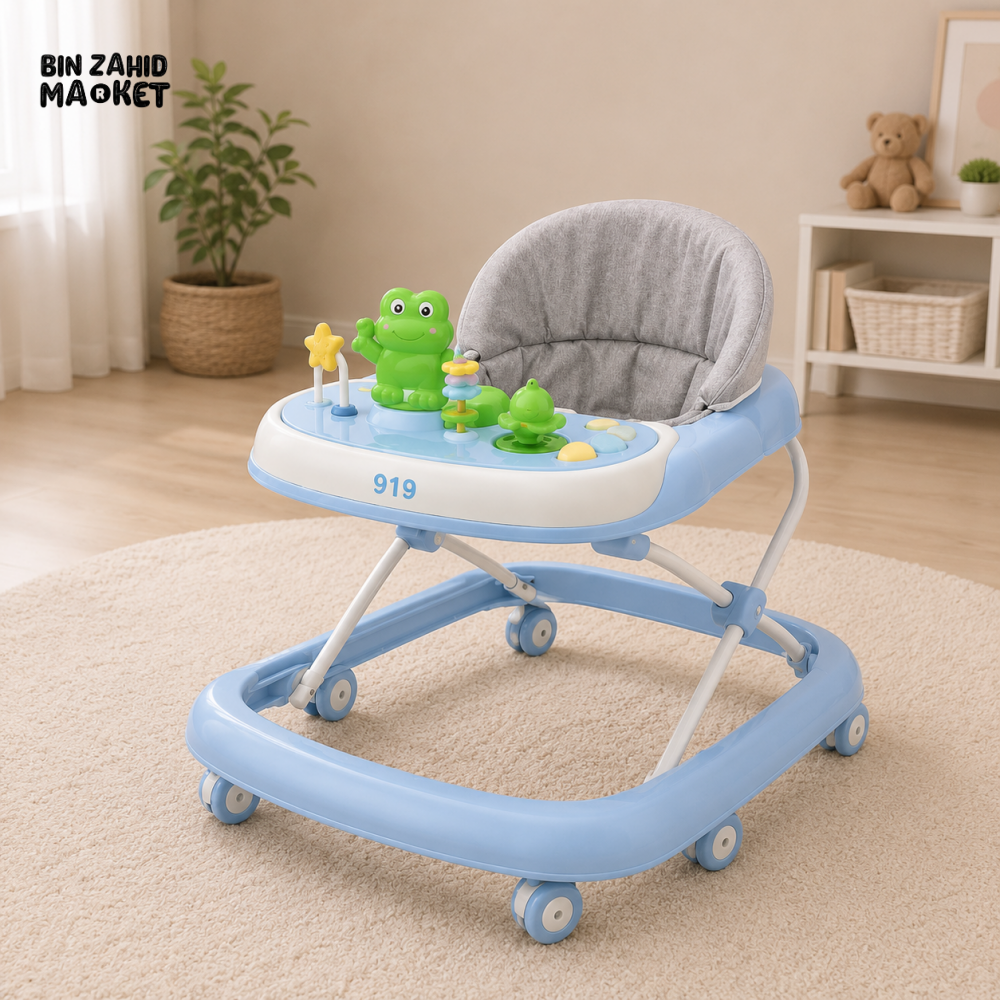FOLDABLE BABY WALKER WITH ACTIVITY TRAY - BLUE