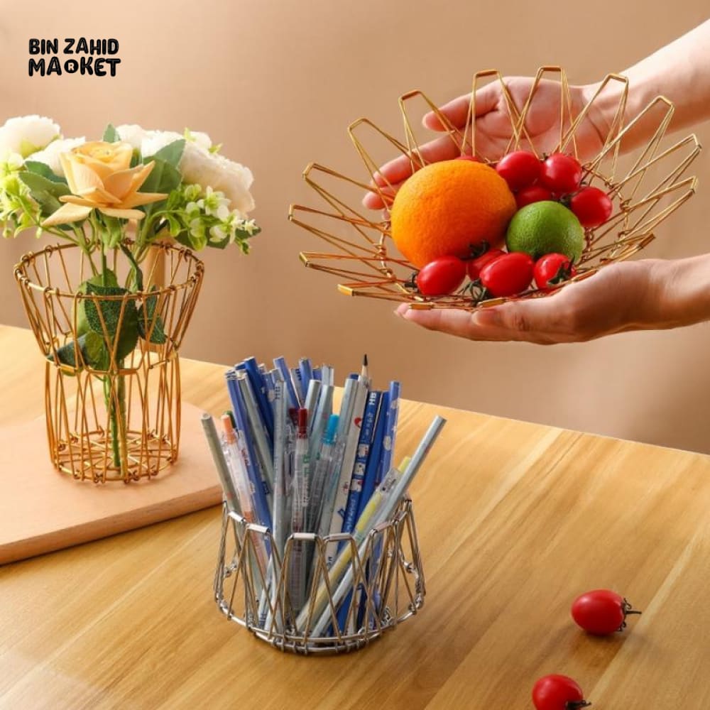 FOLDABLE IRON WIRE FRUIT BOWL – LARGE CAPACITY SCALABLE DESKTOP STORAGE BASKET HOLLOW DESIGN