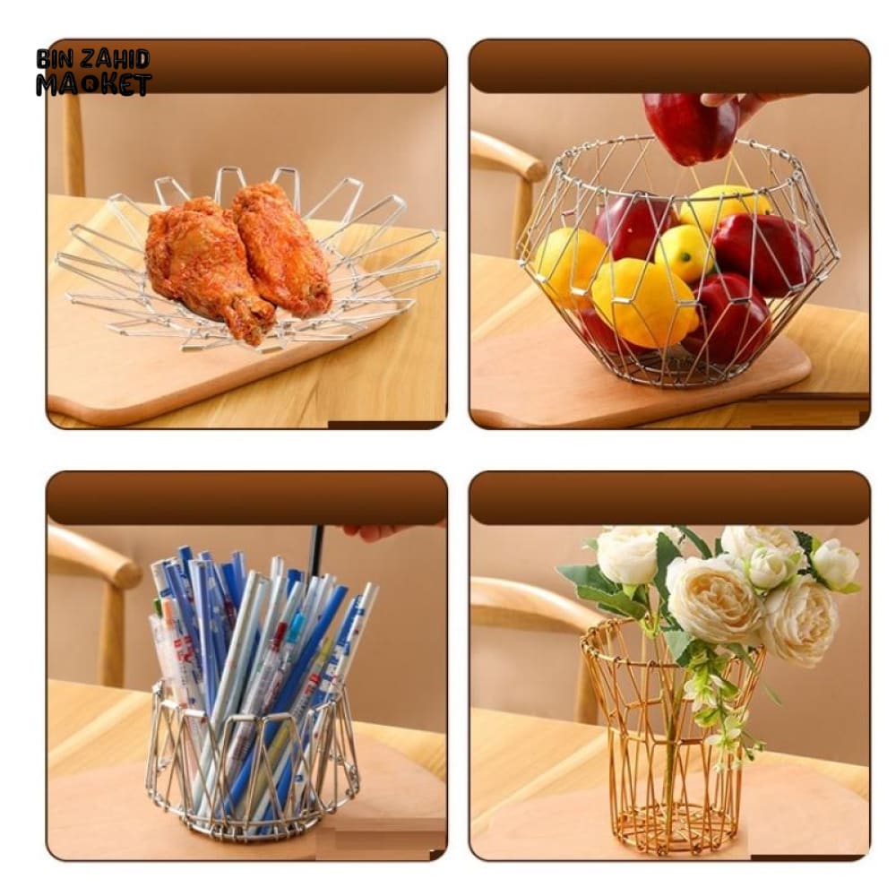 FOLDABLE IRON WIRE FRUIT BOWL – LARGE CAPACITY SCALABLE DESKTOP STORAGE BASKET HOLLOW DESIGN