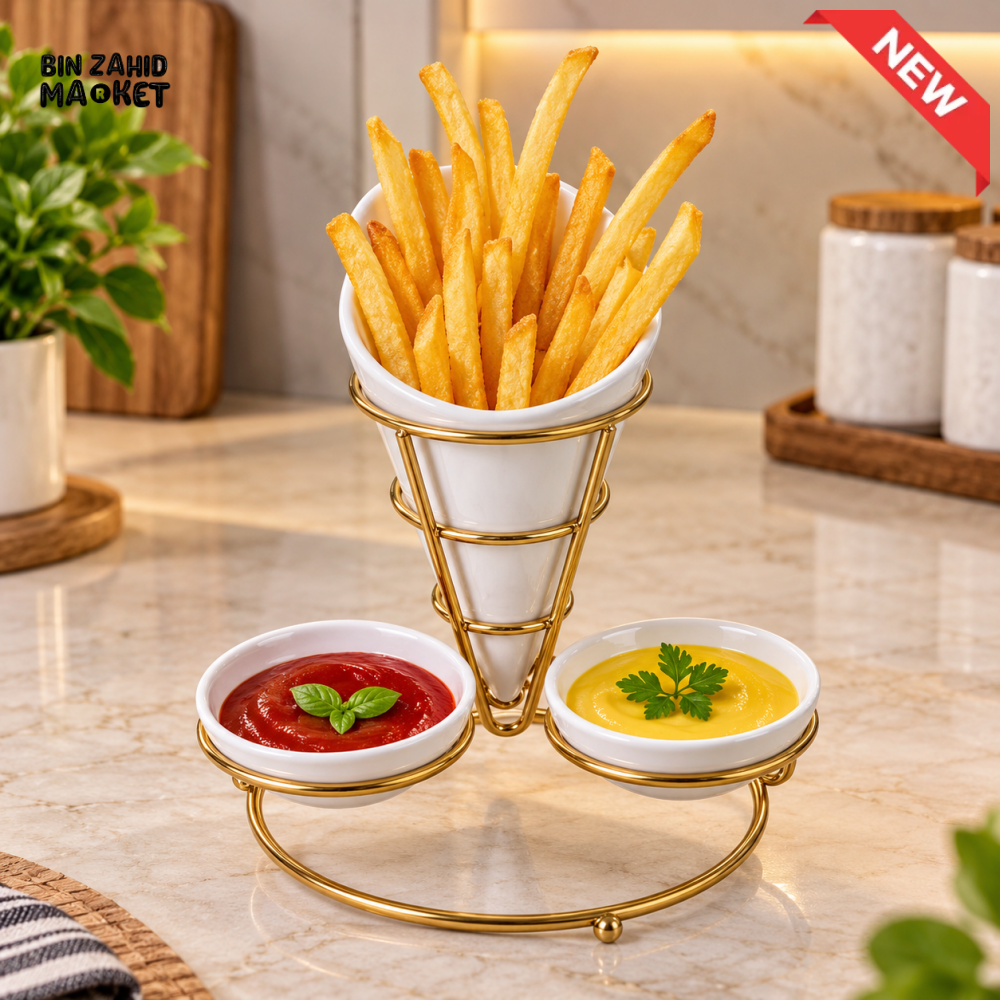FRENCH FRIES SERVING STAND WITH 2 DIP BOWLS