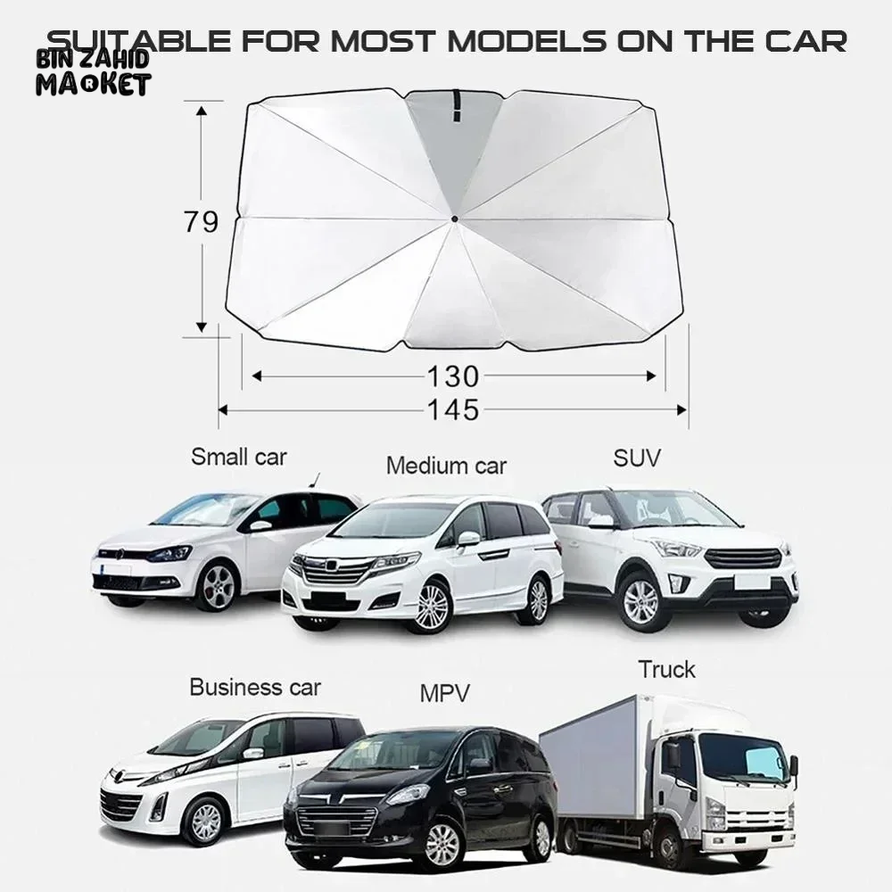 FRONT WINDSHIELD SUNSHADE – COMPACT CAR UMBRELLA FOR SUN & HEAT PROTECTION
