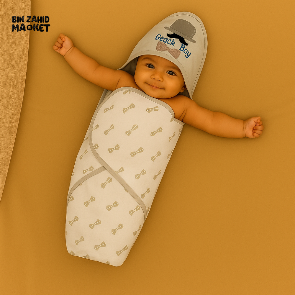 GENTLE BOY GREY HOODED BABY WRAP – BOWTIE PRINT COTTON NEWBORN SWADDLE