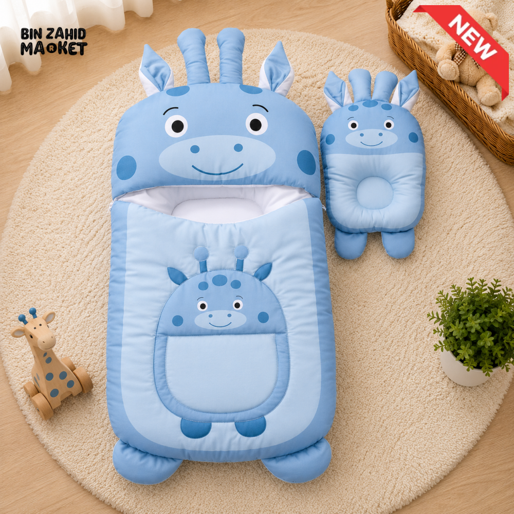 GIRAFFE DESIGN COTTON POLYESTER BABY SLEEPING BAG WITH MATCHING PILLOW - BLUE