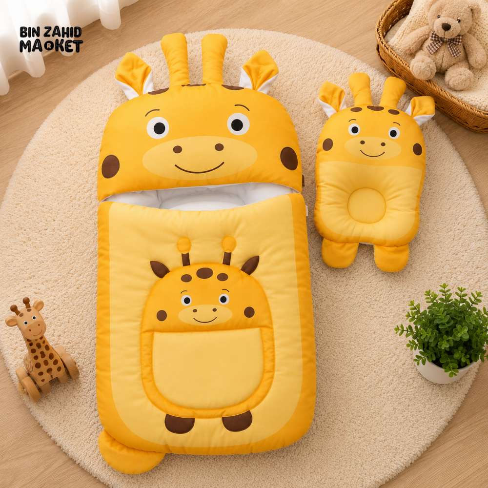 GIRAFFE DESIGN COTTON POLYESTER BABY SLEEPING BAG WITH MATCHING PILLOW - YELLOW