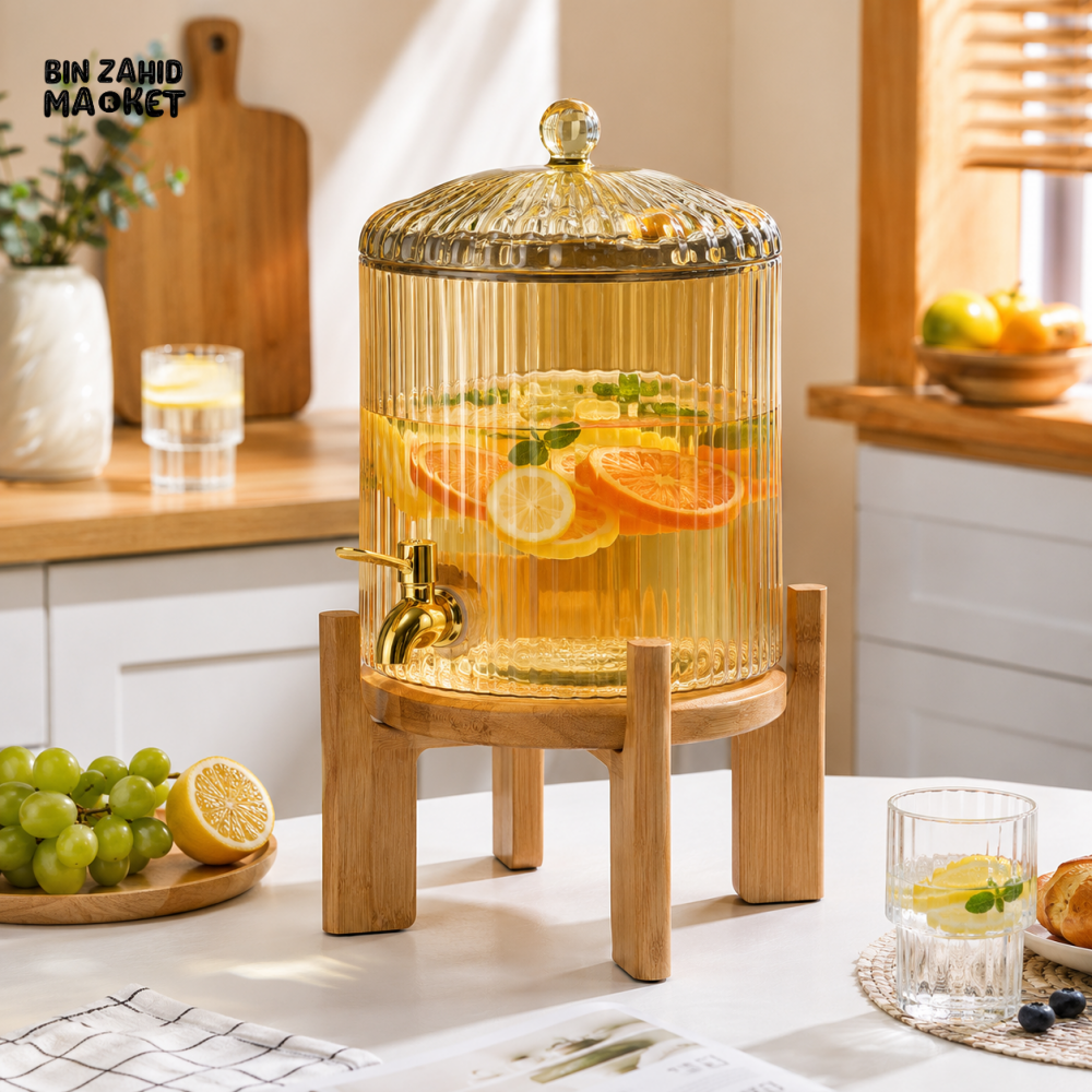 GLASS BEVERAGE DISPENSER WITH WOODEN STAND & METAL TAP - 3.6 LITER