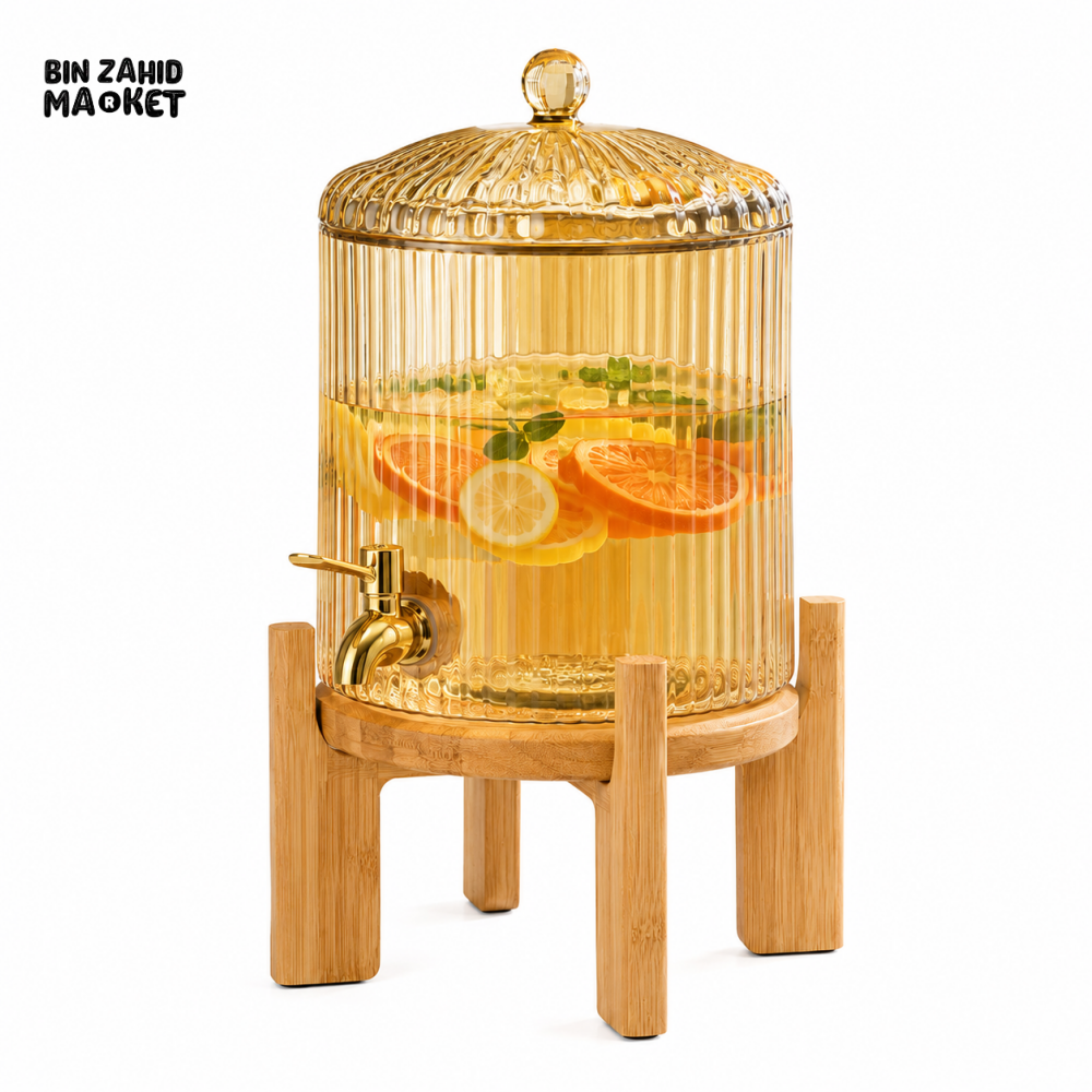 GLASS BEVERAGE DISPENSER WITH WOODEN STAND & METAL TAP - 3.6 LITER