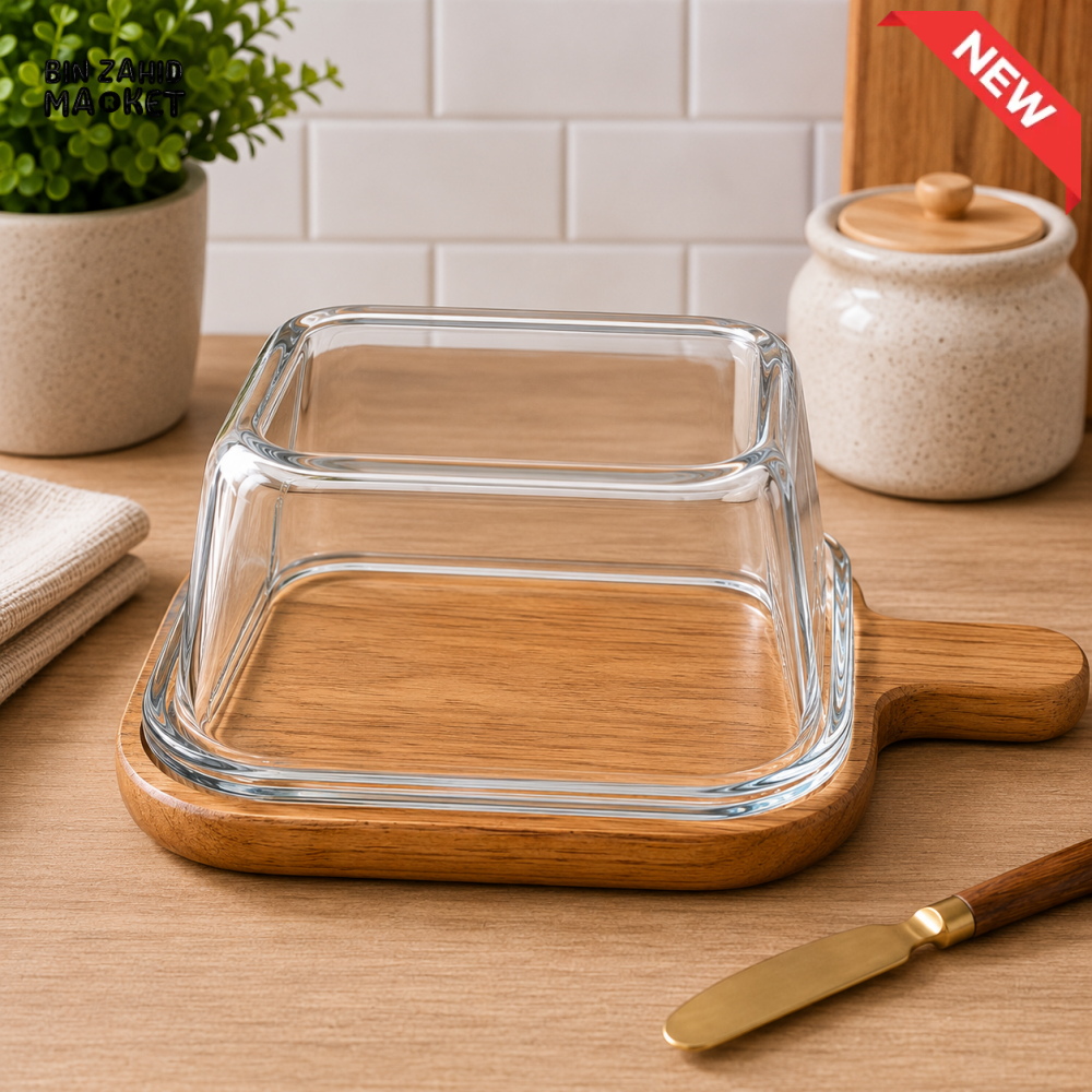 GLASS BUTTER DISH WITH WOODEN TRAY - LARGE