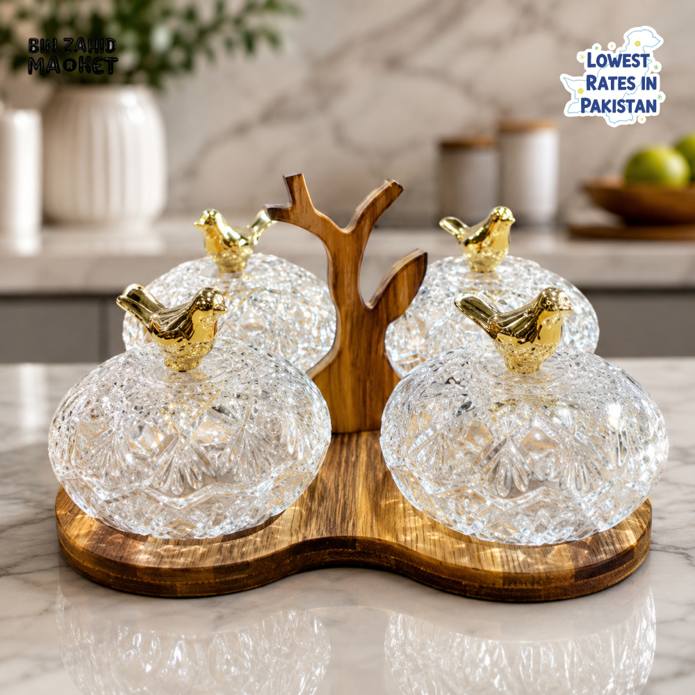 GLASS CONDIMENT JAR SET WITH WOODEN STAND