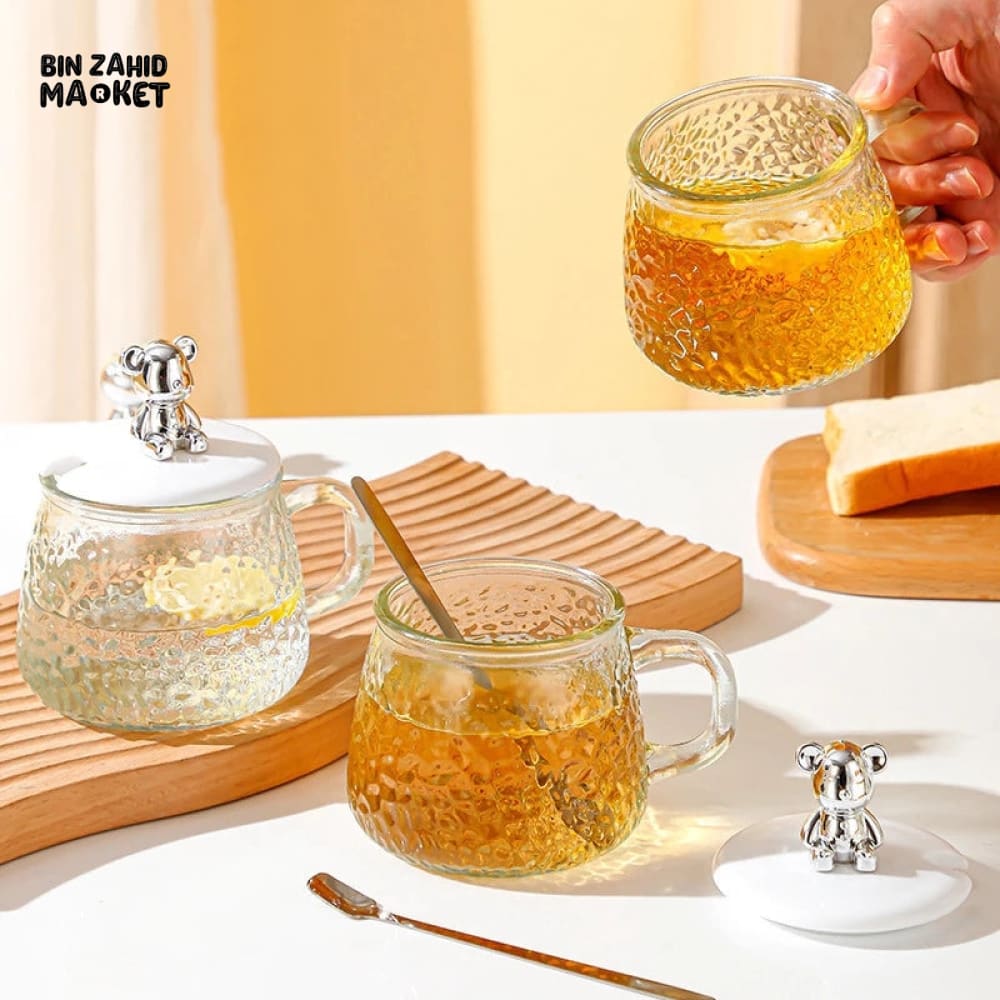 GLASS CUP WITH BEAR LID & SPOON