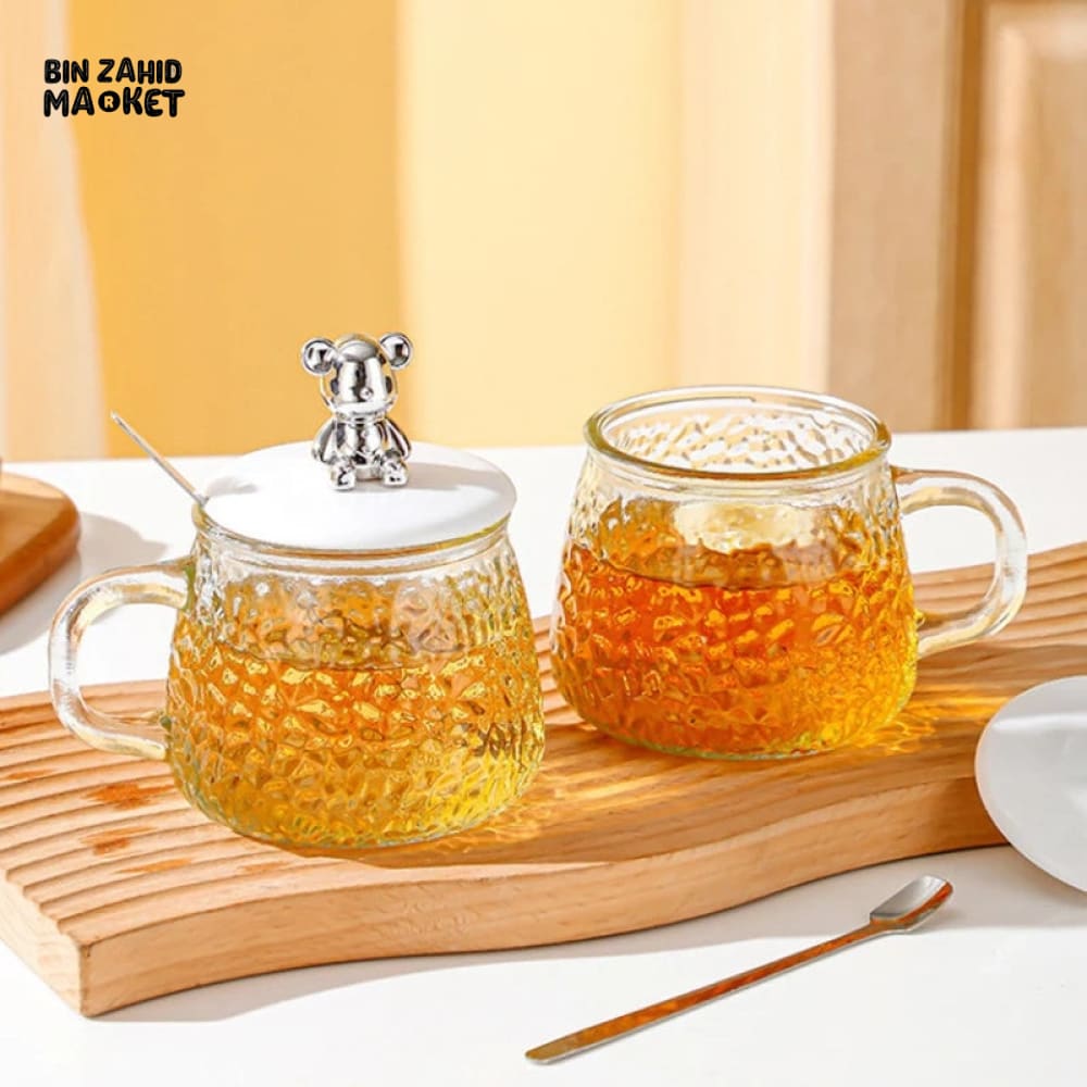 GLASS CUP WITH BEAR LID & SPOON