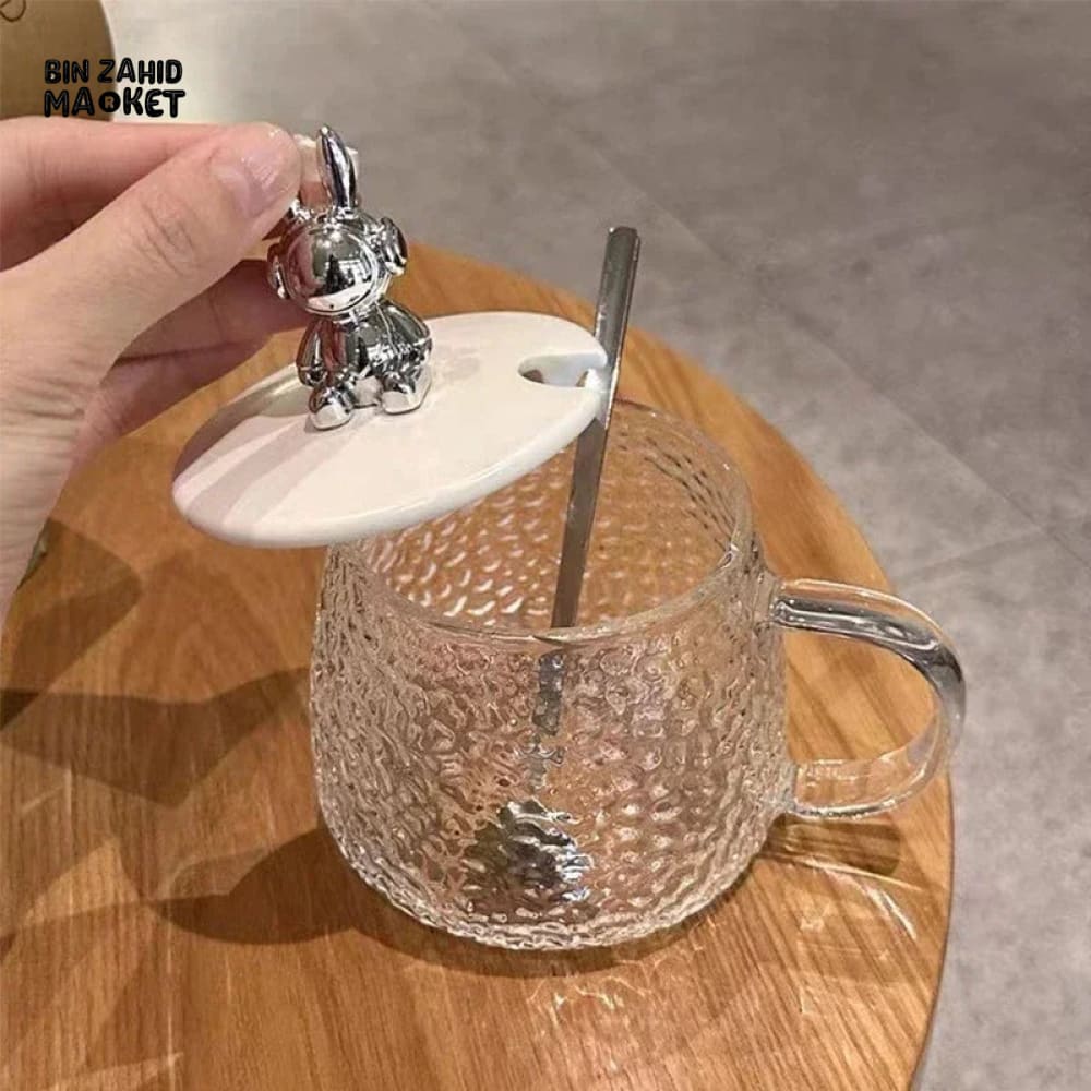 GLASS CUP WITH BEAR LID & SPOON