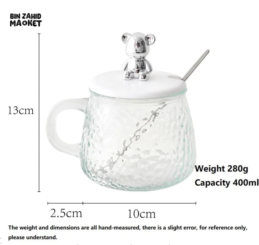 GLASS CUP WITH BEAR LID & SPOON