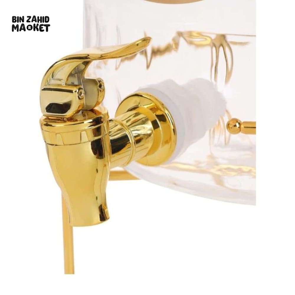 GLASS DISPENSER WITH TAP – 3.2 LITERS TRANSPARENT DRINK DISPENSER WITH METAL BASE GOLD ACCENTS