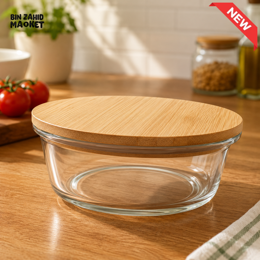 GLASS FOOD STORAGE CONTAINER WITH BAMBOO LID - 450 ML