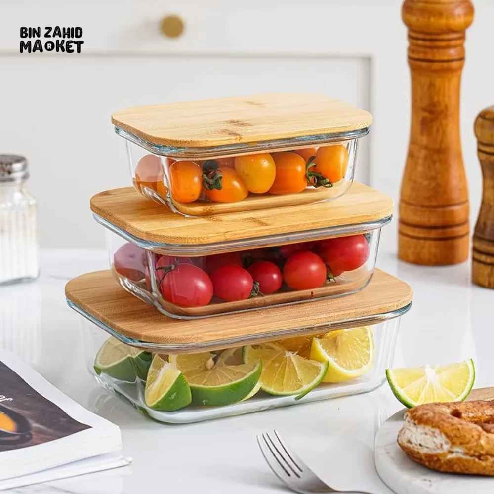 GLASS FOOD STORAGE CONTAINERS WITH NATURAL BAMBOO LIDS-3 PIECE