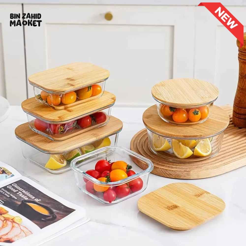 GLASS FOOD STORAGE CONTAINERS WITH NATURAL BAMBOO LIDS-3 PIECE