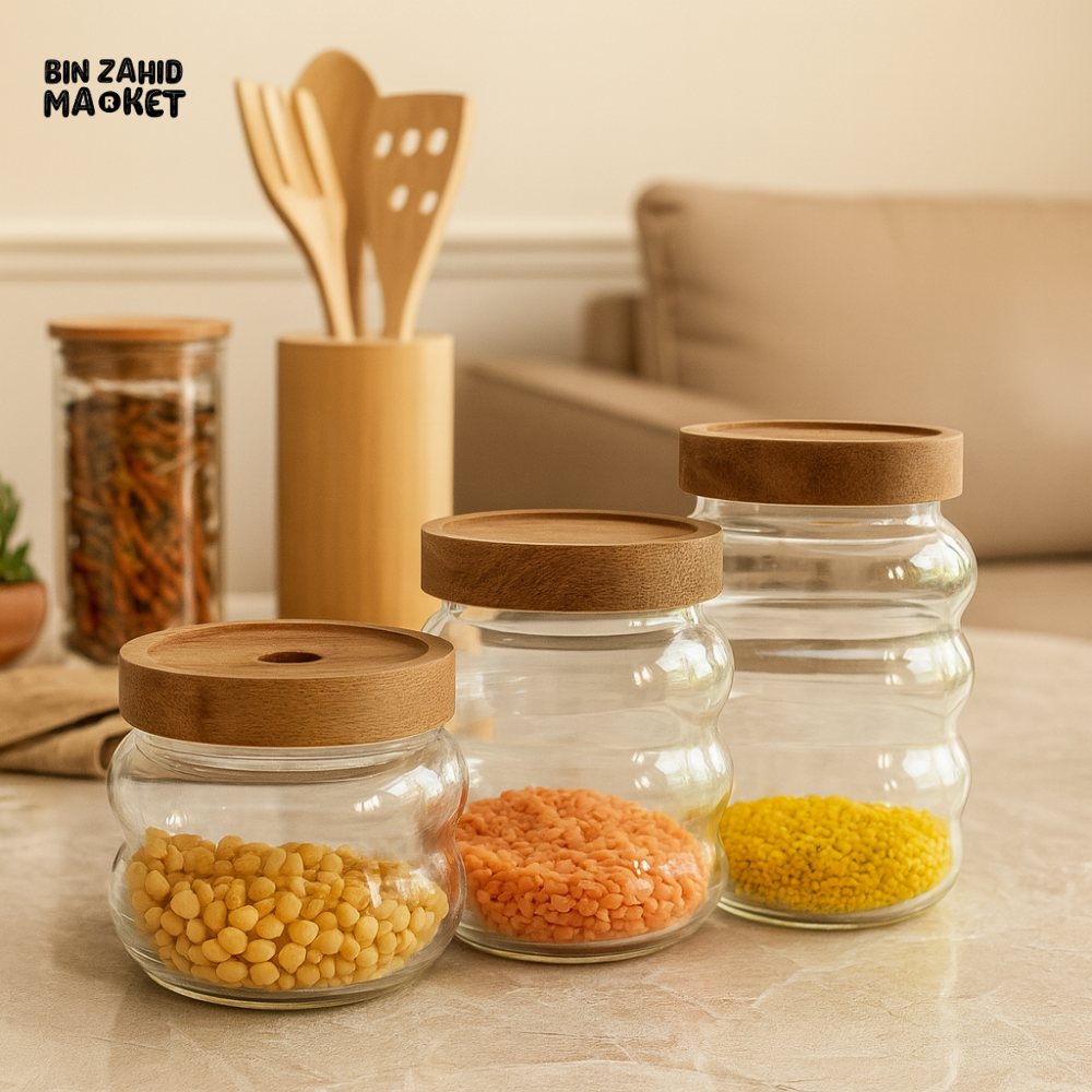 GLASS JAR SET WITH WOODEN LIDS – 3 PIECE AIRTIGHT KITCHEN STORAGE CONTAINERS