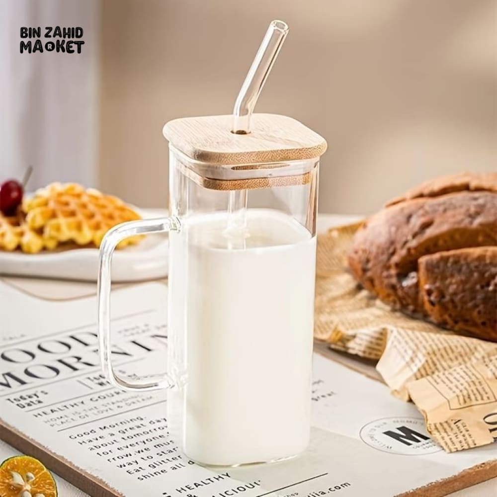 GLASS MUG WITH LID & STRAW