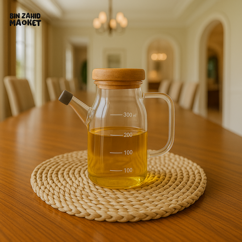 GLASS OIL DISPENSER WITH MEASUREMENT MARKINGS AND WOODEN LID - 750ML BG45106