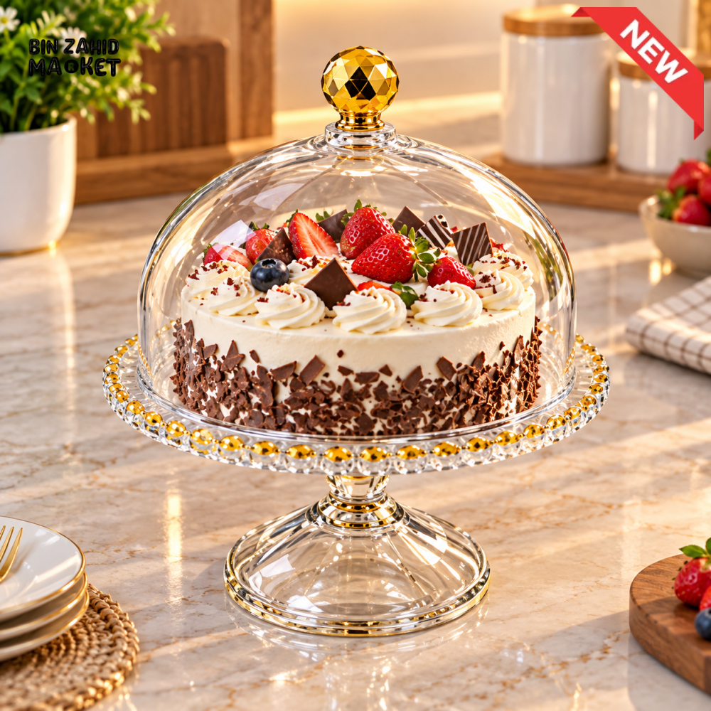 GLASS PEDESTAL CAKE STAND WITH DOME LID & GOLD KNOB - LARGE - Cake Stands