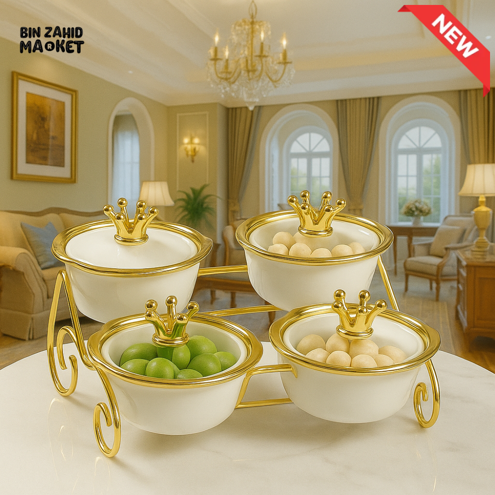 GLASS SERVING BOWLS WITH GOLD CROWN LIDS – LUXURY SNACK SET FOR VILLA DECOR WHITE ZQ 030W