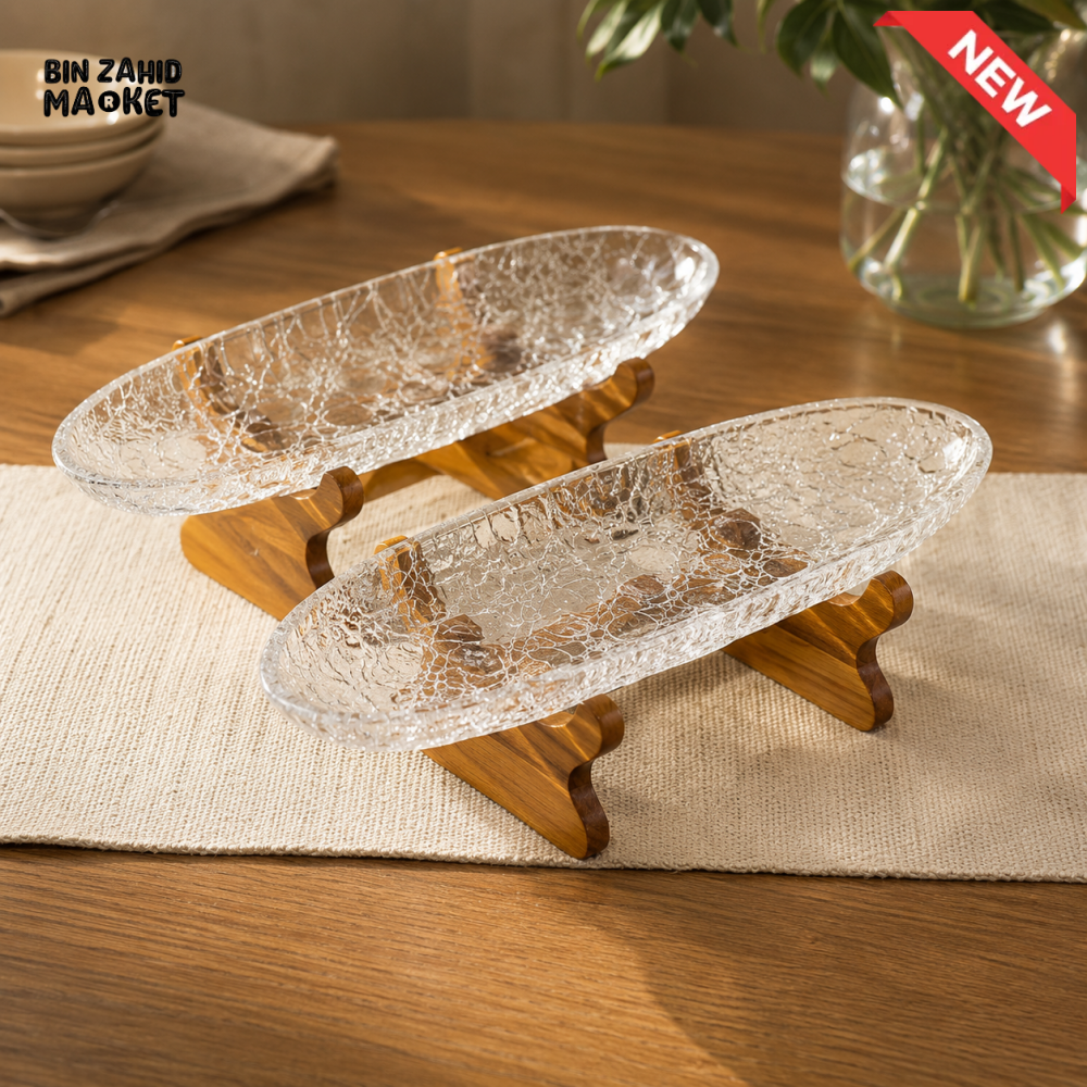 GLASS SERVING TRAY WITH WOODEN STAND - OVAL