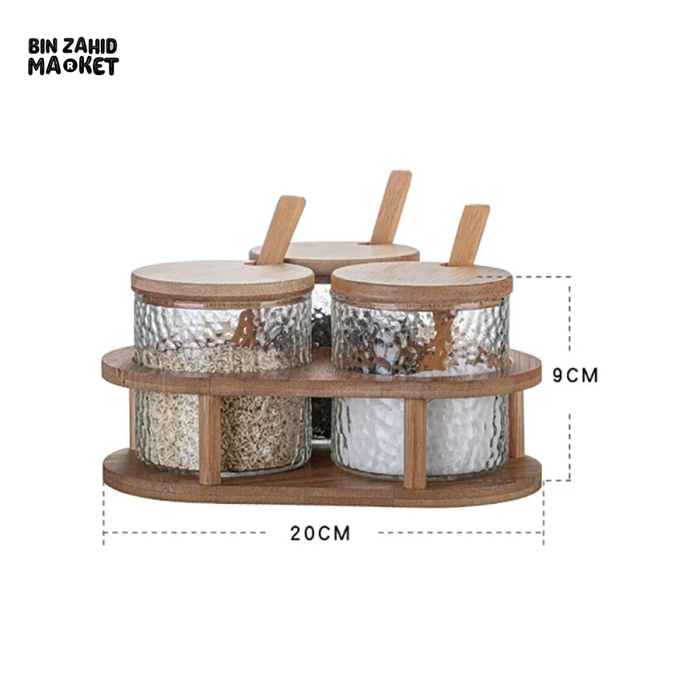GLASS SPICE JAR SET WITH BAMBOO LIDS 3PCS SALT SUGAR & SPICE CONTAINERS WITH STAND