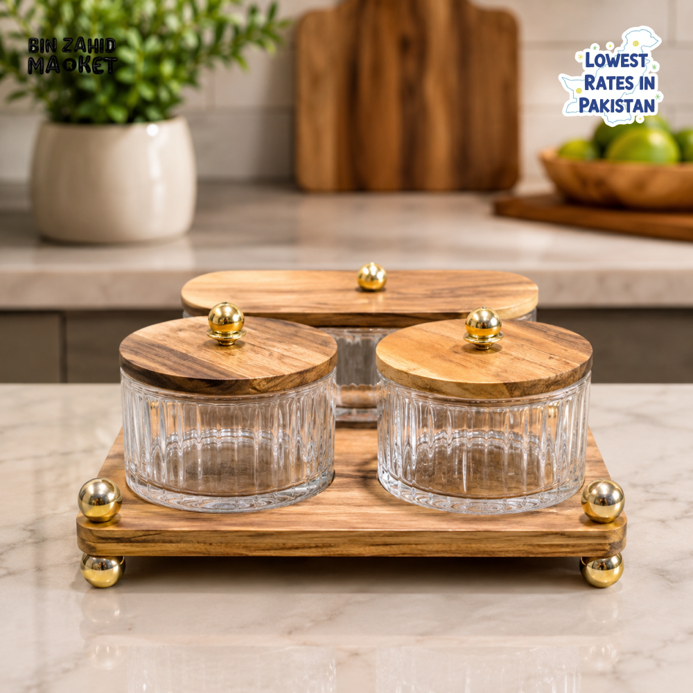 GLASS STORAGE JAR SET WITH WOODEN TRAY - 3 PIECE SET