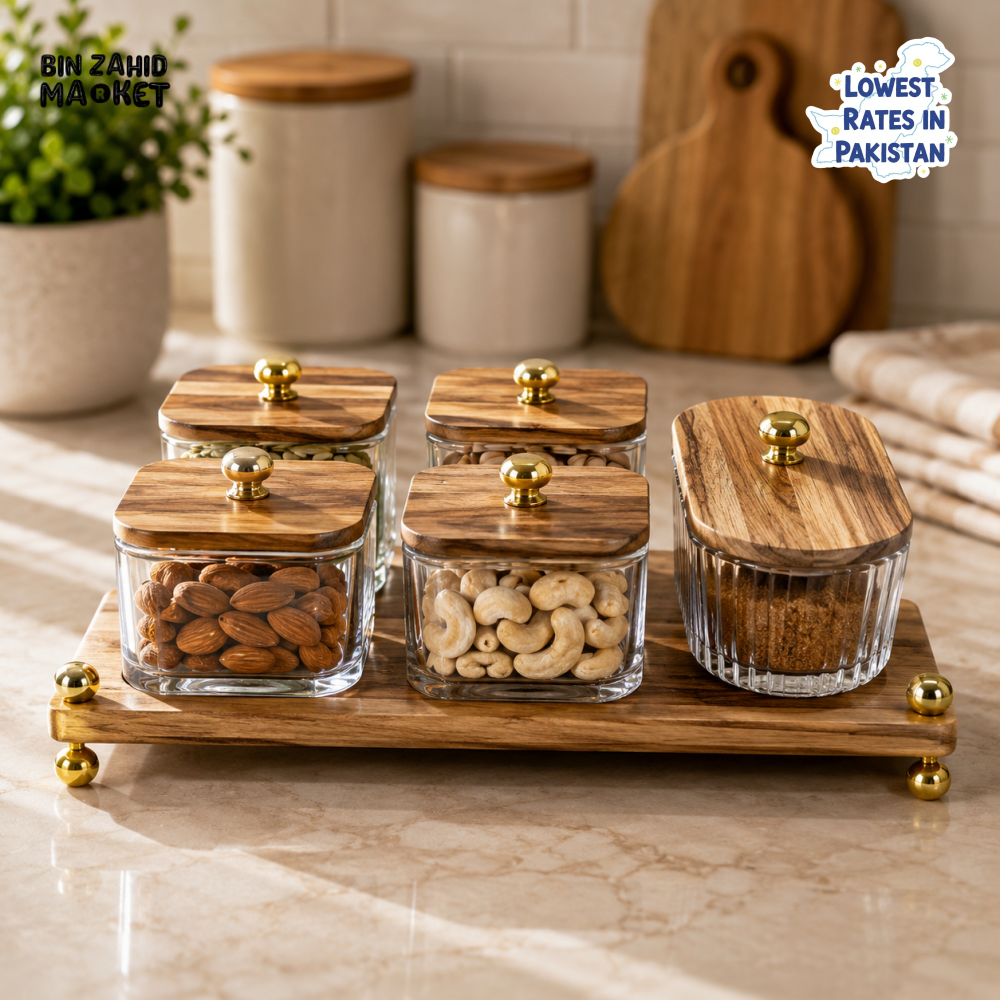 GLASS STORAGE JAR SET WITH WOODEN TRAY - 5 PIECE SET