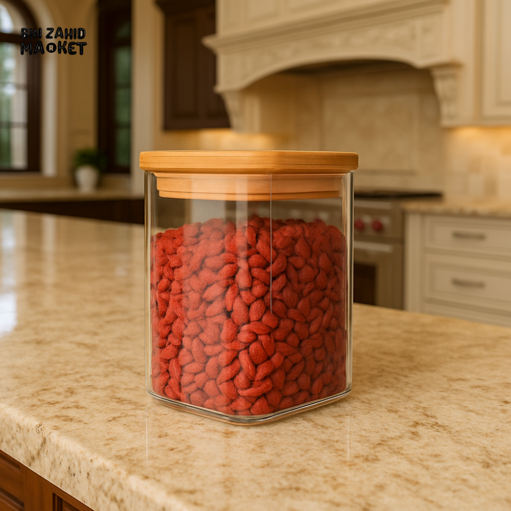 GLASS STORAGE JAR WITH BAMBOO LID - 10X14CM