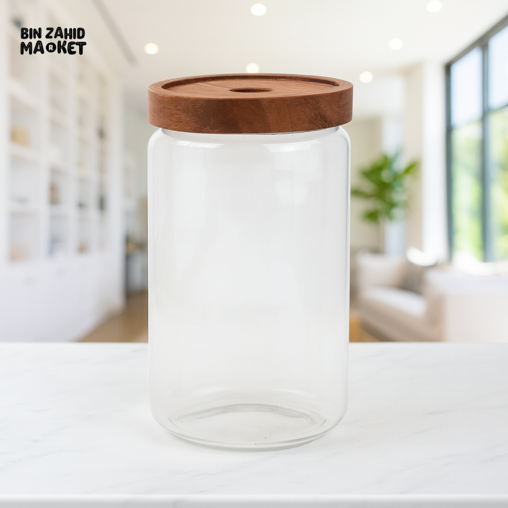 GLASS STORAGE JAR WITH WOODEN LID BG45025