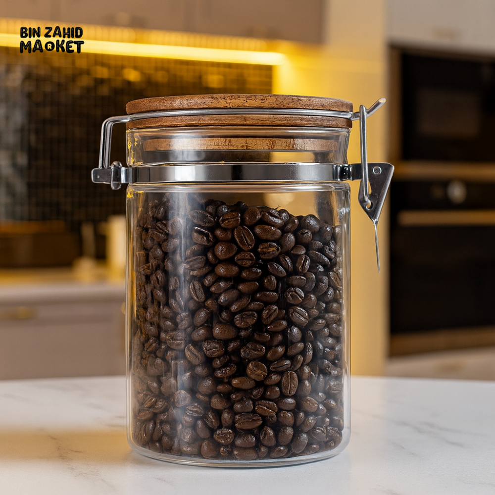 GLASS STORAGE JAR WITH WOODEN LID & METAL CLASP LX 032