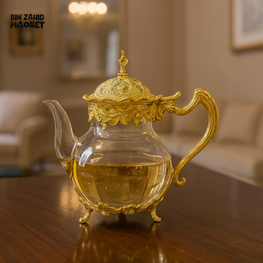 GLASS TEAPOT WITH HANDLE AND JUICE SERVING DESIGN - GOLDEN JWG-035